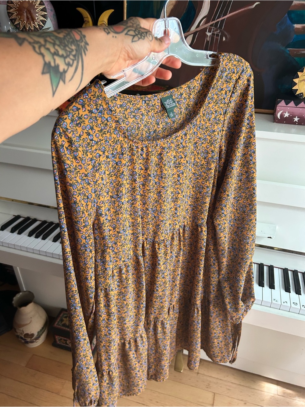 Wild Fable Mustard Floral Tiered Midi Dress Women’s Medium Boho Cottagecore - Picture 12 of 16